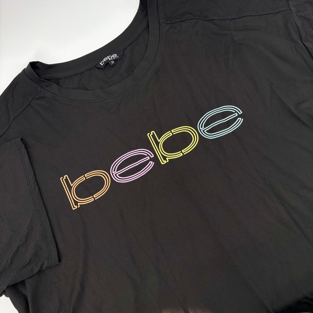 Bebe Sport Womens 2X Black Curve Mesh Neon Logo Graphic Activewear Quick Dry Top